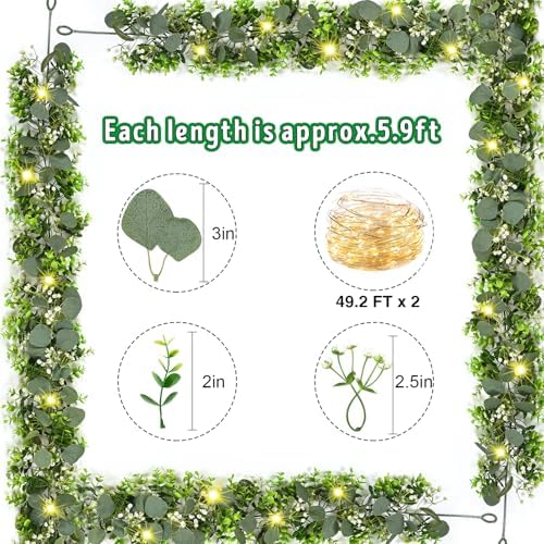 8Pcs Eucalyptus Garland with Lights, Greenery Garland, Green Garland with Flowers, 5.9FT Artificial Faux, alternate view 5