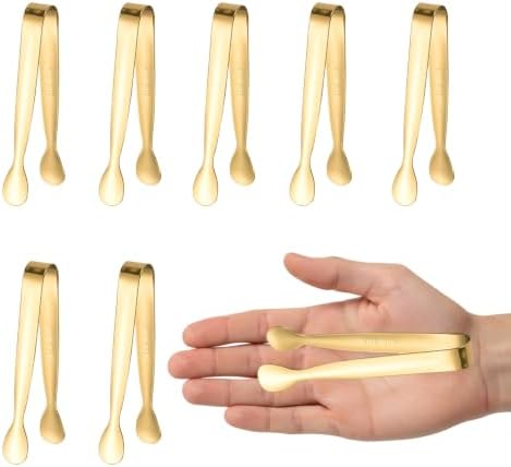 8PCS Gold Mini Metal Tongs,4.3"/11cm, Stainless Steel 304, for Ice Cube, Sugar in Gold