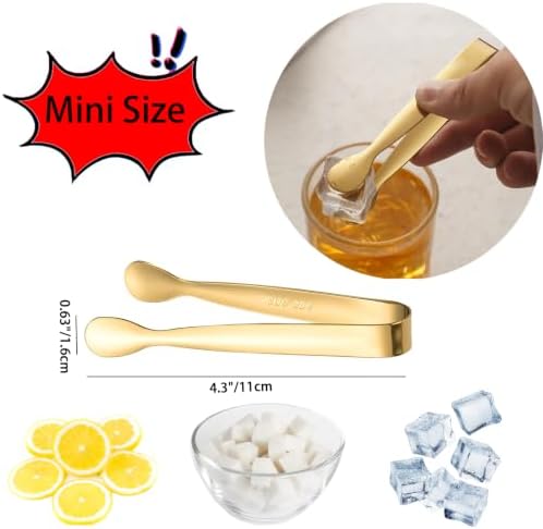 8PCS Gold Mini Metal Tongs,4.3"/11cm, Stainless Steel 304, for Ice Cube, Sugar in Gold, alternate view 3
