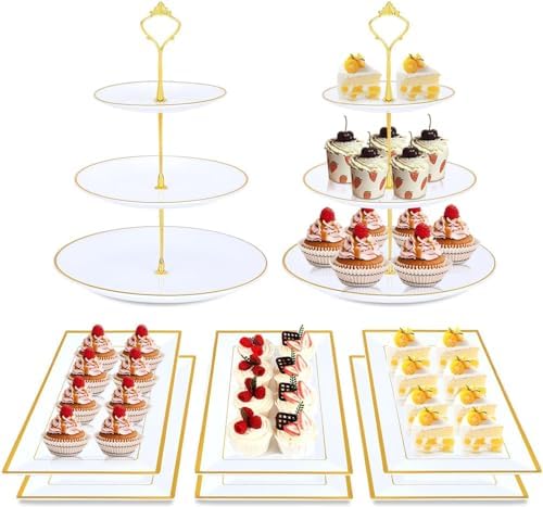 8PCS Gold-Rim Cake Plastic Dessert Display Stands Sets for Party in white