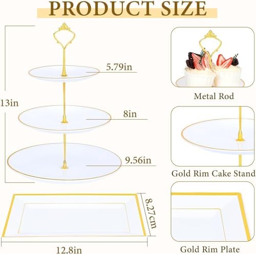 8PCS Gold-Rim Cake Plastic Dessert Display Stands Sets for Party in white, alternate view 3