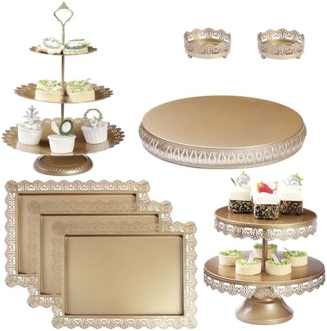 8Pcs Metal Set with 14 inch Round for Large Cakes, 2-Tier & 3-Tier Dessert Stands, Lace Edge Serving Trays