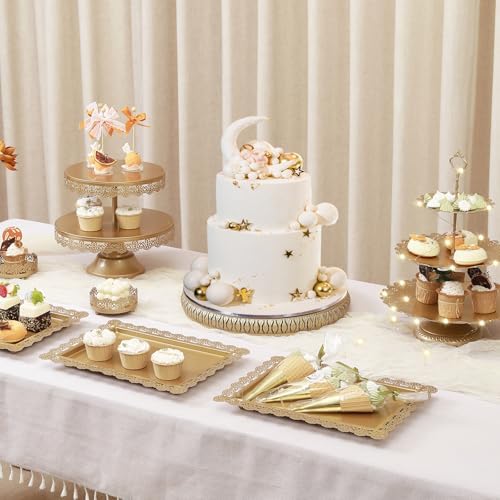8Pcs Metal Set with 14 inch Round for Large Cakes, 2-Tier & 3-Tier Dessert Stands, Lace Edge Serving Trays, alternate view 2