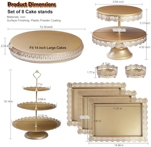 8Pcs Metal Set with 14 inch Round for Large Cakes, 2-Tier & 3-Tier Dessert Stands, Lace Edge Serving Trays, alternate view 3