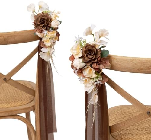 8pcs Wedding Artificial Aisle Pew Flowers, Brown Soft Peach in Brn- Earth Brown & Butter Yellow