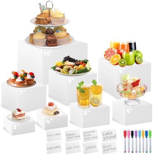 8PCS White Acrylic Buffet Risers with Small Signs and Marks, Food Display Risers for Buffet Table, Dessert Table