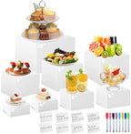 8PCS White Acrylic Buffet Risers with Small Signs and Marks, Food Display Risers for Buffet Table, Dessert Table