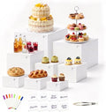 8Pcs White Buffet Risers with Mini Table Sign, Marker and Serving Tongs, Acrylic Food Risers for Buffet Table