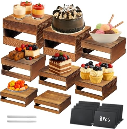 8PCS Wooden Buffet Risers and Stands with Reusable Table Signs, stackable Cube Rustic Wood Food Risers for
