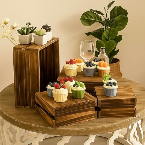 8PCS Wooden Buffet Risers and Stands with Reusable Table Signs, stackable Cube Rustic Wood Food Risers for, alternate view 2