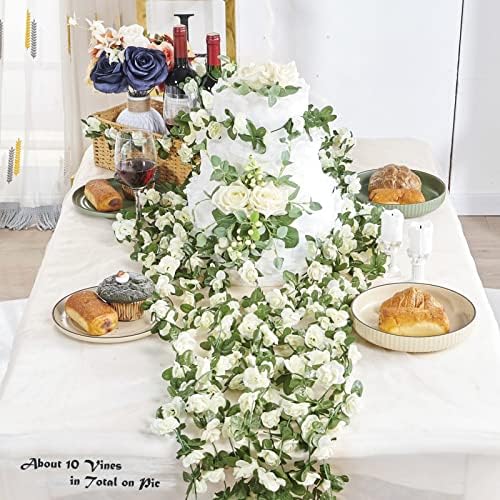 8Pcs x 8.2FT Artificial Flower Garland Floral Rose Vine Decor, White Flower, alternate view 3