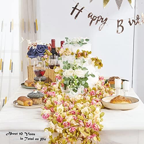 8Pcs x 8.2FT Artificial Flower Garland Rose Vine, Champagne Pink Flower, alternate view 2