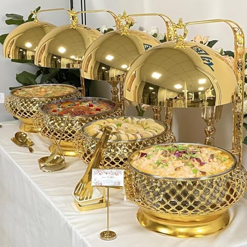 8QT Gold Party Wedding Table Setting Food Warmer Golden Fancy Elegant Cheffing Dishes with Hanging Lid Gold