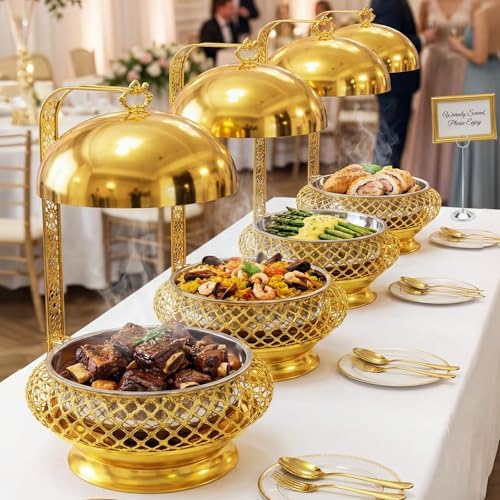 8QT Gold Party Wedding Table Setting Food Warmer Golden Fancy Elegant Cheffing Dishes with Hanging Lid Gold, alternate view 2