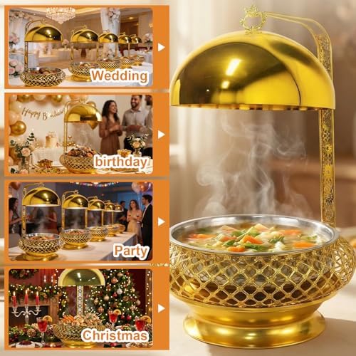 8QT Gold Party Wedding Table Setting Food Warmer Golden Fancy Elegant Cheffing Dishes with Hanging Lid Gold, alternate view 6