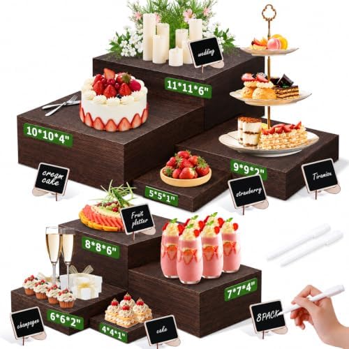 8Sizes Wooden Nested Buffet Risers with Mini Signs for Party Decor in 8 Sizes in wood color