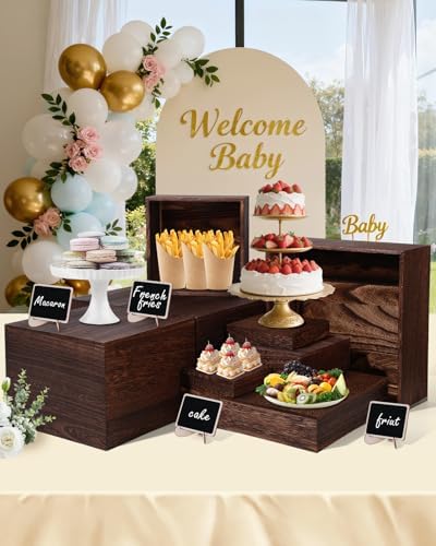 8Sizes Wooden Nested Buffet Risers with Mini Signs for Party Decor in 8 Sizes in wood color, alternate view 2