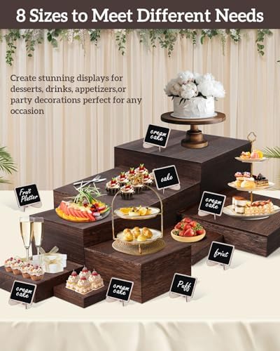 8Sizes Wooden Nested Buffet Risers with Mini Signs for Party Decor in 8 Sizes in wood color, alternate view 6