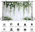 8x4ft White Flower Backdrop Green Leaves Wedding Bridal Shower Photography Background Floral Rustic Wood Wall, alternate view