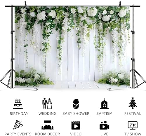 8x4ft White Flower Backdrop Green Leaves Wedding Bridal Shower Photography Background Floral Rustic Wood Wall, alternate view
