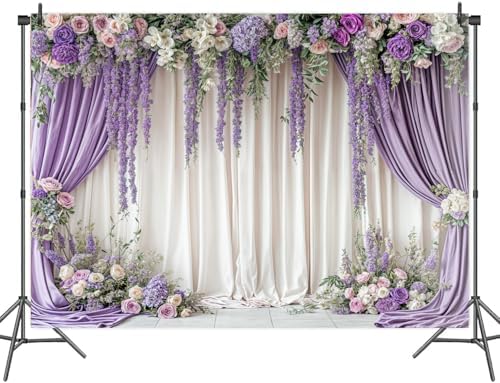 8X6ft Purple Wisteria Flower Wall Backdrop Purple Floral Curtain Background for Bridal Shower Birthday Party, alternate view