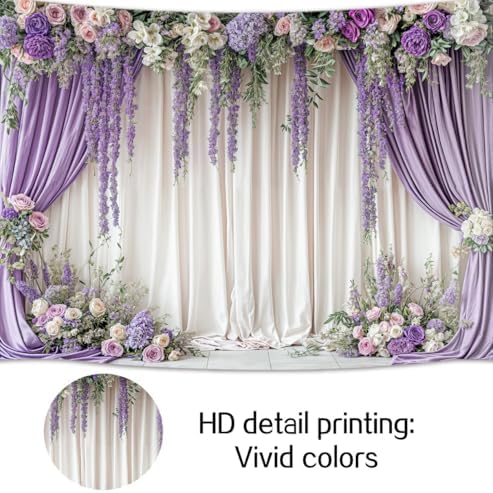 8X6ft Purple Wisteria Flower Wall Backdrop Purple Floral Curtain Background for Bridal Shower Birthday Party, alternate view