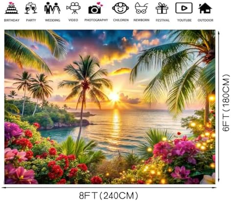 8x6ft Summer sea Backdrop Tropical Beach Plants Photo Backdrop Hawaiian Ocean Blue Sky Background for Theme, alternate view 6