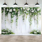 8x6ft White Flower Backdrop Green Leaves Wedding Bridal Shower Photography Background Floral Rustic Wood Wall