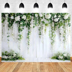8x6ft White Flower Backdrop Green Leaves Wedding Bridal Shower Photography Background Floral Rustic Wood Wall, alternate view