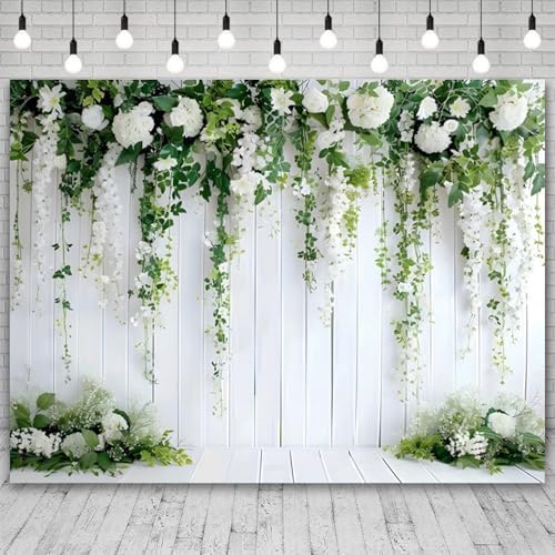 8x6ft White Flower Backdrop Green Leaves Wedding Bridal Shower Photography Background Floral Rustic Wood Wall, alternate view