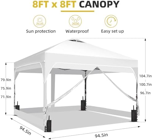 8x8 FT Pop Up Canopy Tent with One Push Setup, Setup Gazebo with 4 PVC Transparent Sidewalls, Easy Carry for, alternate view