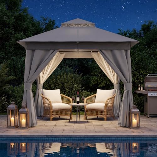 8x8 Outdoor Gazebo with Curtains, Netting & Double Roof