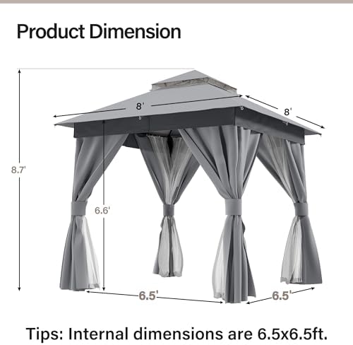 8x8 Outdoor Gazebo with Curtains, Netting & Double Roof, alternate view 2