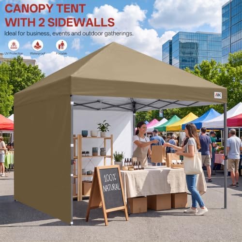 8x8 Pop Up Canopy Tent, 2 Sidewalls, All-Weather Shade, Khaki in Khaki, alternate view 3