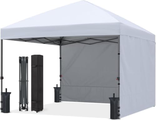 8x8 Pop Up Canopy Tent, 2 Sidewalls, All-Weather Shade, White in White