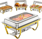 9.5QT Chafing Dishes for Buffet 4 Pack with 7 Pans Glass Lid, Gold in Gold