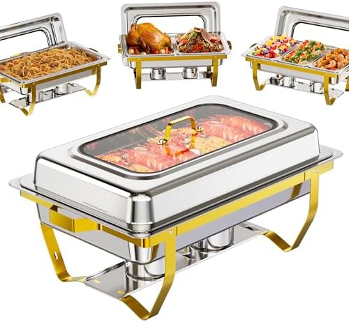 9.5QT Chafing Dishes for Buffet 4 Pack with 7 Pans Glass Lid, Gold in Gold