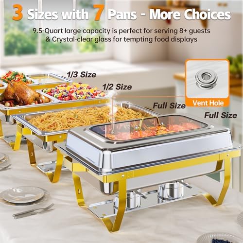 9.5QT Chafing Dishes for Buffet 4 Pack with 7 Pans Glass Lid, Gold in Gold, alternate view 3