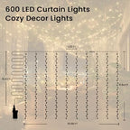 9.8x19.6Ft Curtain String Lights Plug in,600 Warm White LED Curtain Lights with Remote, Timer, Memory, alternate view 2
