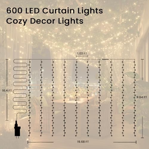 9.8x19.6Ft Curtain String Lights Plug in,600 Warm White LED Curtain Lights with Remote, Timer, Memory, alternate view 2