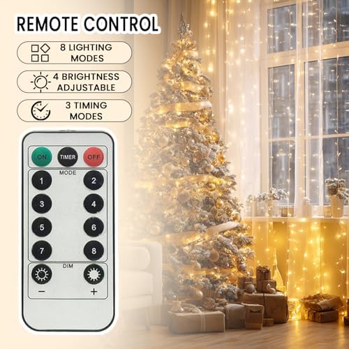 9.8x19.6Ft Curtain String Lights Plug in,600 Warm White LED Curtain Lights with Remote, Timer, Memory, alternate view 3