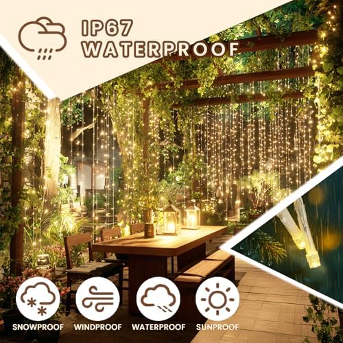 9.8x19.6Ft Curtain String Lights Plug in,600 Warm White LED Curtain Lights with Remote, Timer, Memory, alternate view 4