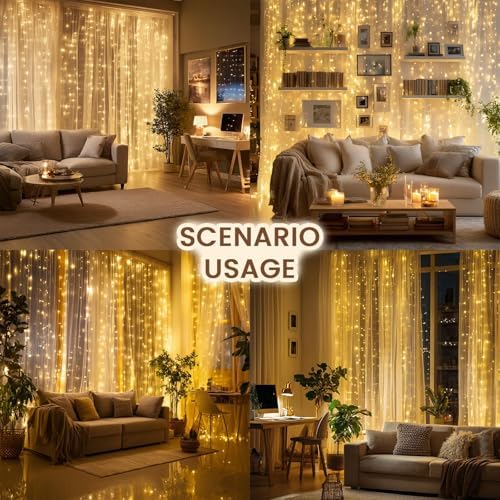 9.8x19.6Ft Curtain String Lights Plug in,600 Warm White LED Curtain Lights with Remote, Timer, Memory, alternate view 7
