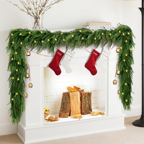 9 FT Artificial Norfolk Pine Garlands with Lights, Pre-Lit Christmas Garland, Real Touch Pine Artificial Faux