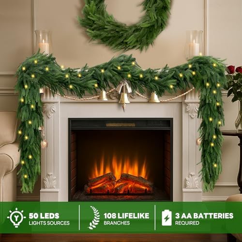9 FT Artificial Norfolk Pine Garlands with Lights, Pre-Lit Christmas Garland, Real Touch Pine Artificial Faux, alternate view