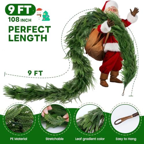 9 FT Artificial Norfolk Pine Garlands with Lights, Pre-Lit Christmas Garland, Real Touch Pine Artificial Faux, alternate view