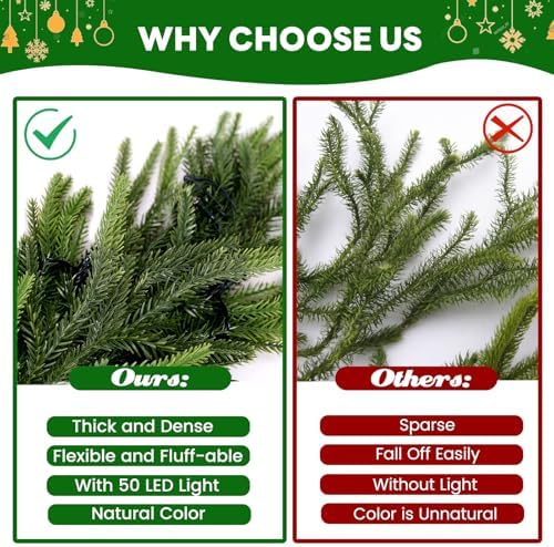 9 FT Artificial Norfolk Pine Garlands with Lights, Pre-Lit Christmas Garland, Real Touch Pine Artificial Faux, alternate view