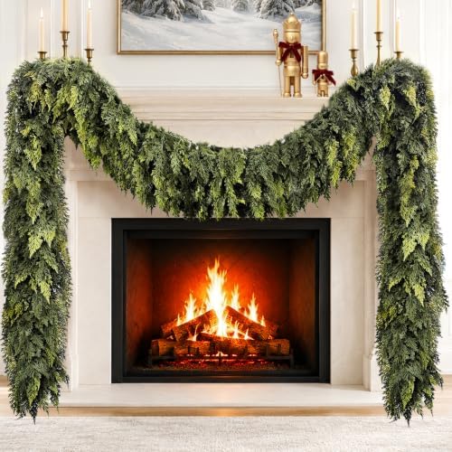 9 FT Christmas Cedar Garland, Real Touch Artificial Greenery, Mantel Decor
