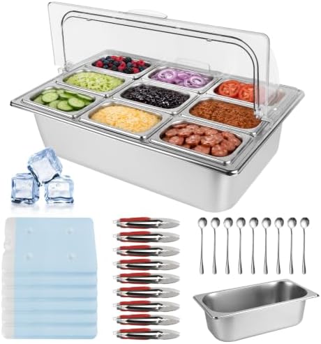 9 Grids Pizza Topping Storage Station with Flip Lids, Ice Box in Flip Cover 10 Pans in silver