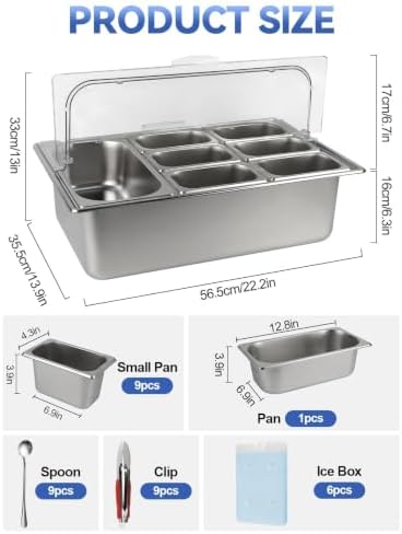 9 Grids Pizza Topping Storage Station with Flip Lids, Ice Box in Flip Cover 10 Pans in silver, alternate view 3